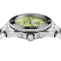 Side view of the TAG Heuer L SS AU BW AQUAR 300 36 GRN DD DL 25, a silver wristwatch featuring a green textured dial and black bezel, shown on a white background.