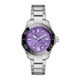 TAG Heuer L SS AU BW AQUAR 300 36 PURP DD DL 25: Silver wristwatch with a purple textured dial, diamond hour markers, and black bezel.