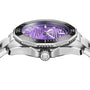 TAG Heuer L SS AU BW AQUAR 300 36 PURP DD DL 25: Silver wristwatch with a purple dial, black bezel, and metal bracelet, shown from the side.