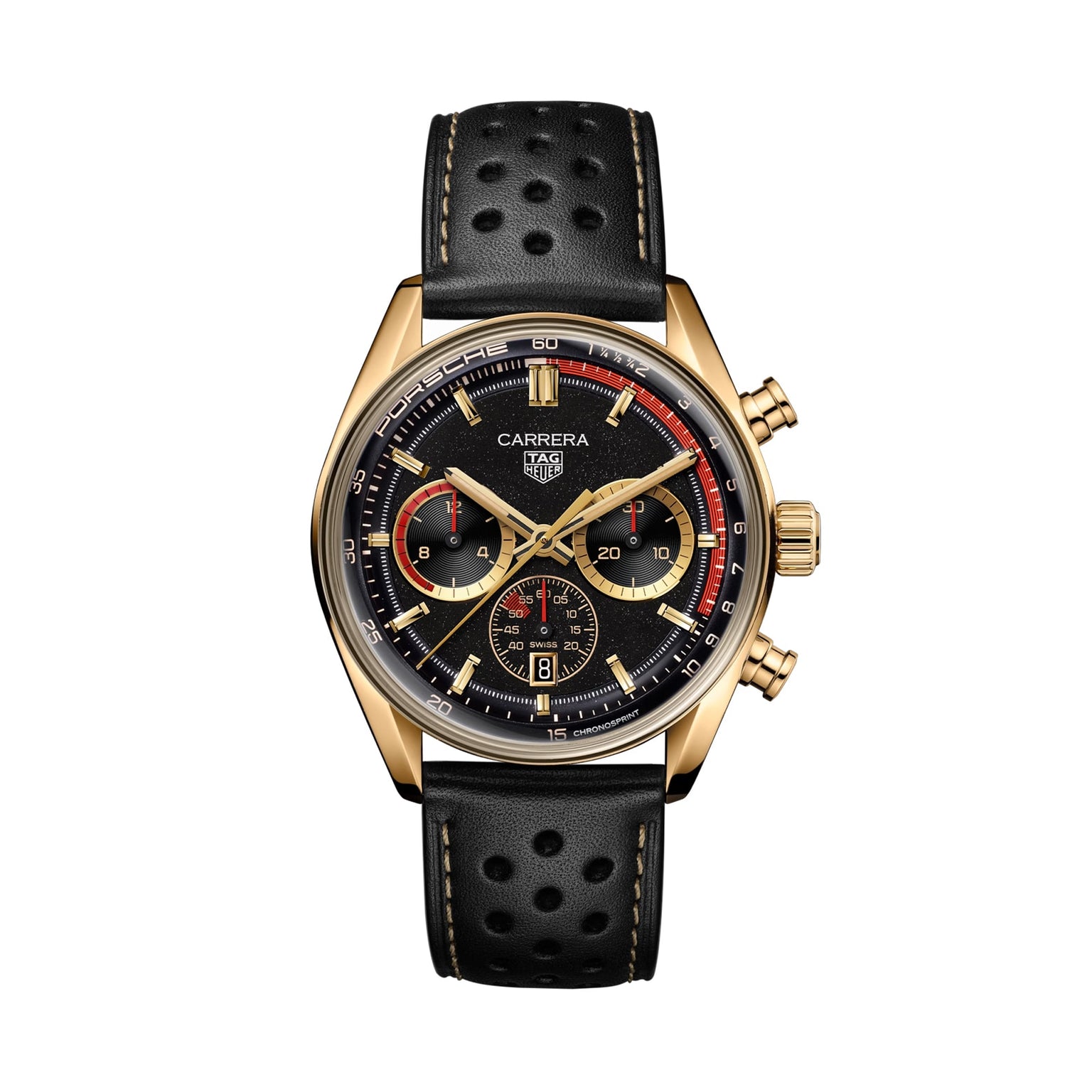 TAG Heuer Carrera Chronosprint x Porsche Rallye chronograph featuring a black dial with red accents and a perforated black leather strap.