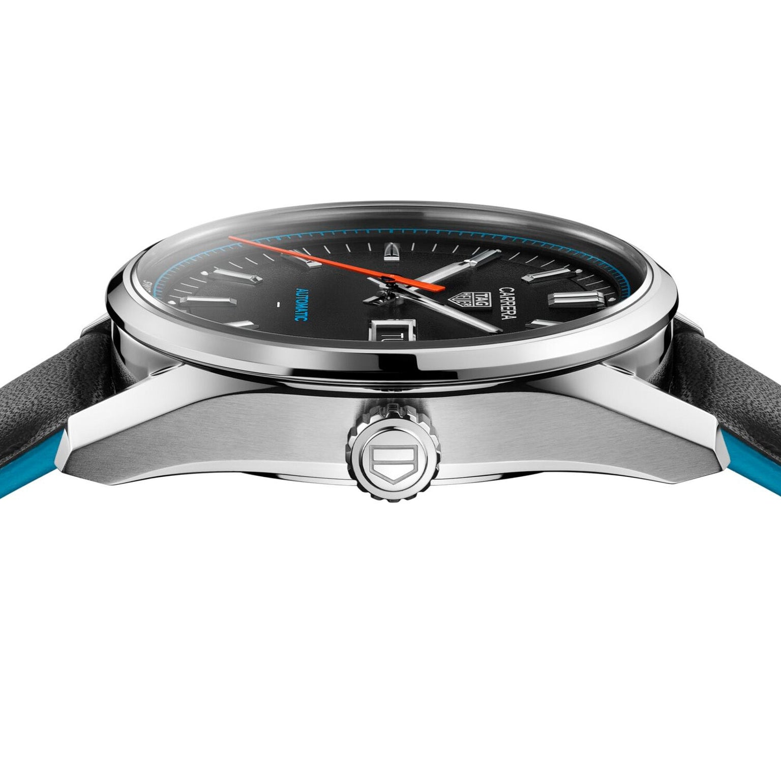 Side view of the TAG Heuer Carrera Day Date wristwatch featuring a black dial, silver case, and black leather strap with blue lining.