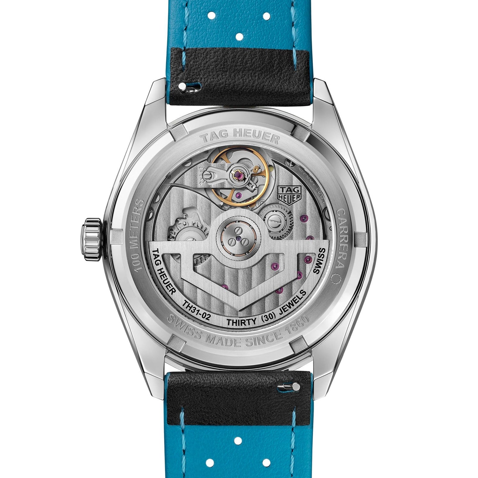 Close-up of the TAG Heuer Carrera Day Date watch’s transparent case back, revealing its intricate mechanical movement.