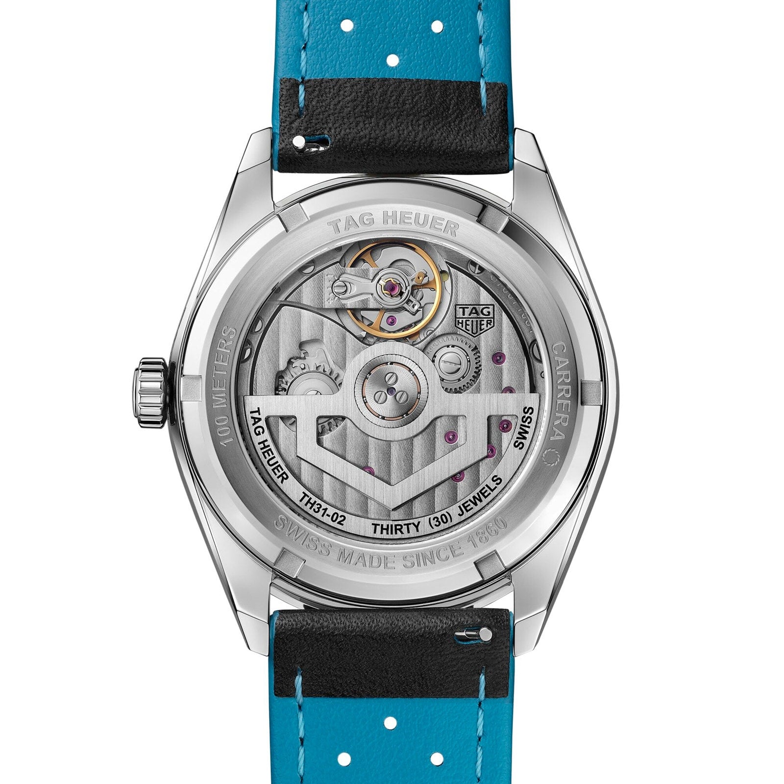 Close-up of the TAG Heuer Carrera Day Date watch’s transparent case back, revealing its intricate mechanical movement.