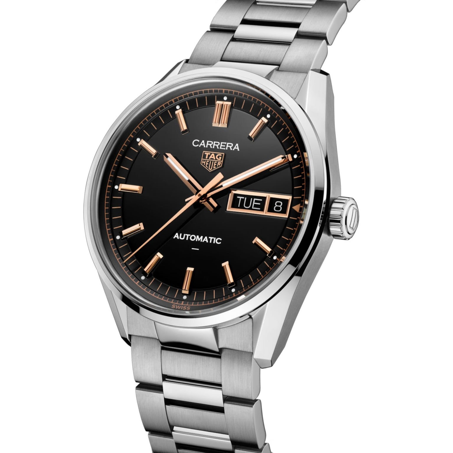 The TAG Heuer Carrera Day-Date features a silver case, black dial, gold markers, day and date display, and a metal bracelet.