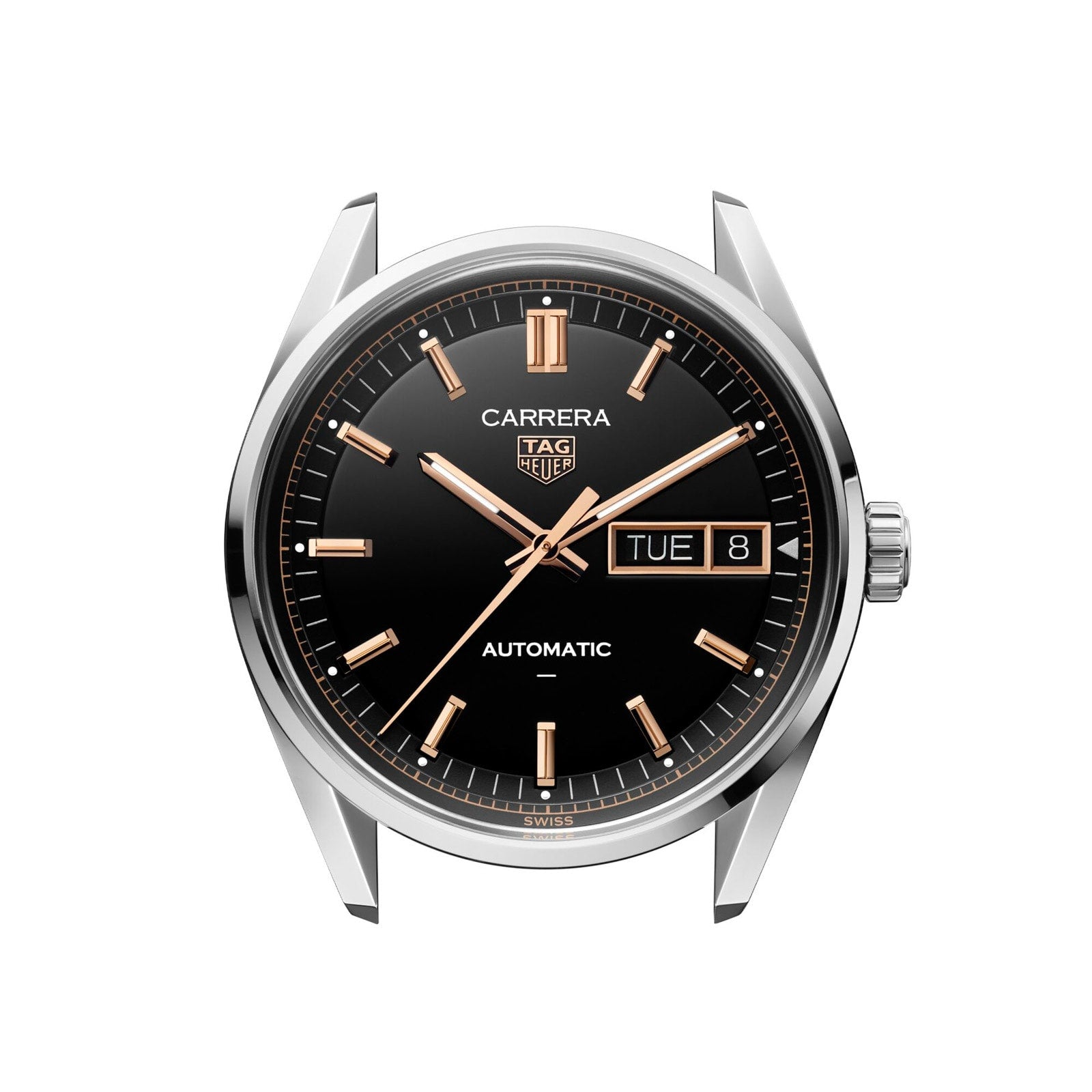 The TAG Heuer Carrera Day-Date features a black dial, rose gold markers, and a day-date display at 3 o’clock.