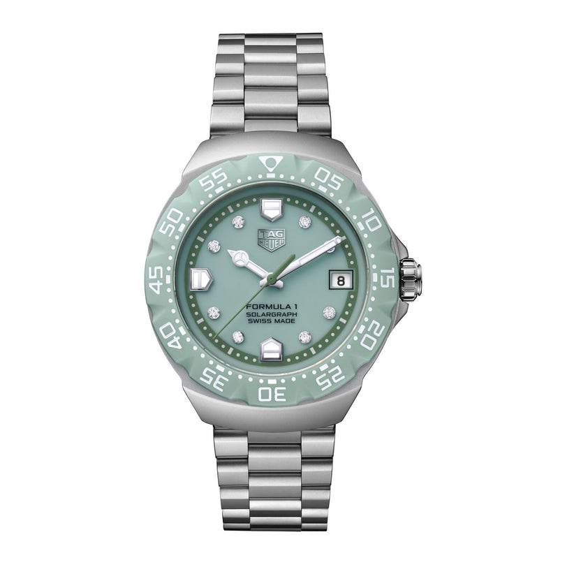 Watch with green dial and silver bracelet on a white background