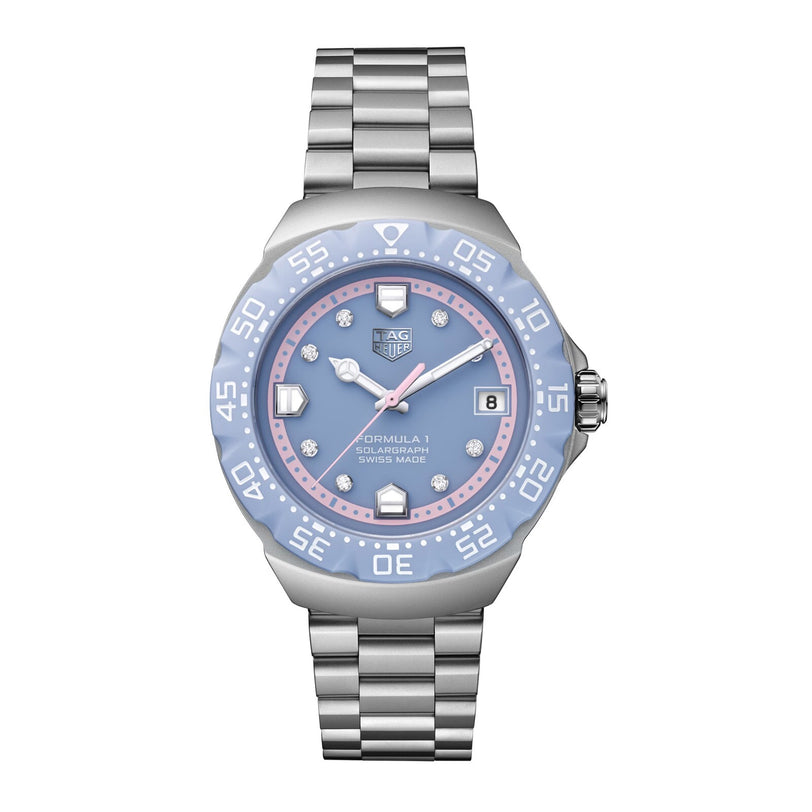 Silver watch with blue dial on a white background