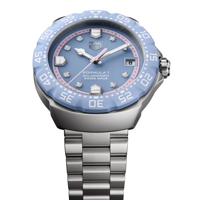 Luxury watch with blue dial and silver bracelet on a white background