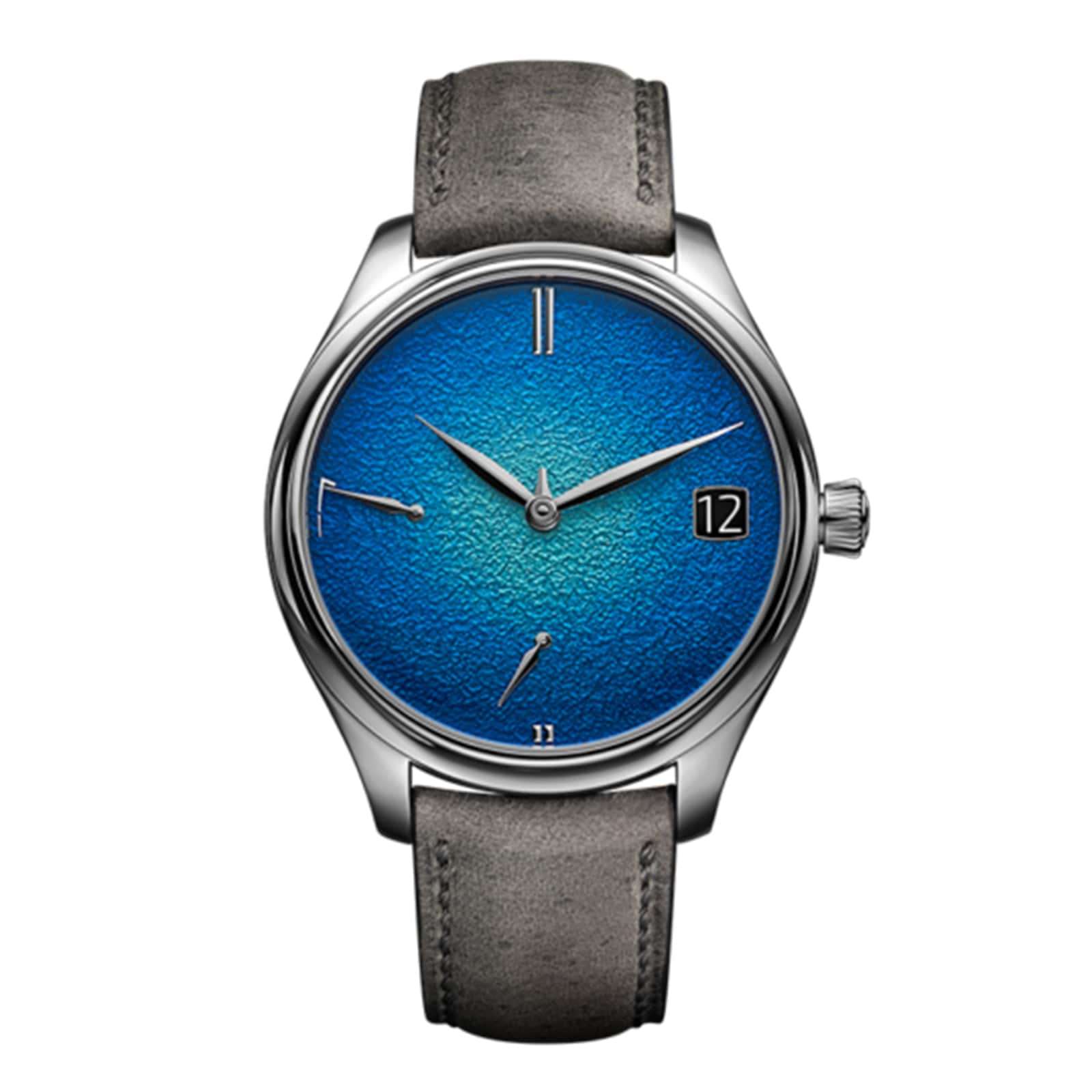 The H. Moser & Cie Endeavour Perpetual Calendar features a textured blue dial, silver tantalum case, grey leather strap, minimal indices, and a date window showing 12.