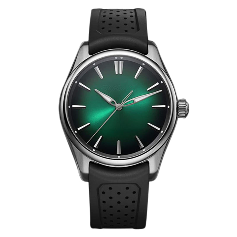 The H. Moser & Cie Pioneer Centre Seconds Cosmic Green features a striking green dial, silver hour markers, and a black perforated strap.