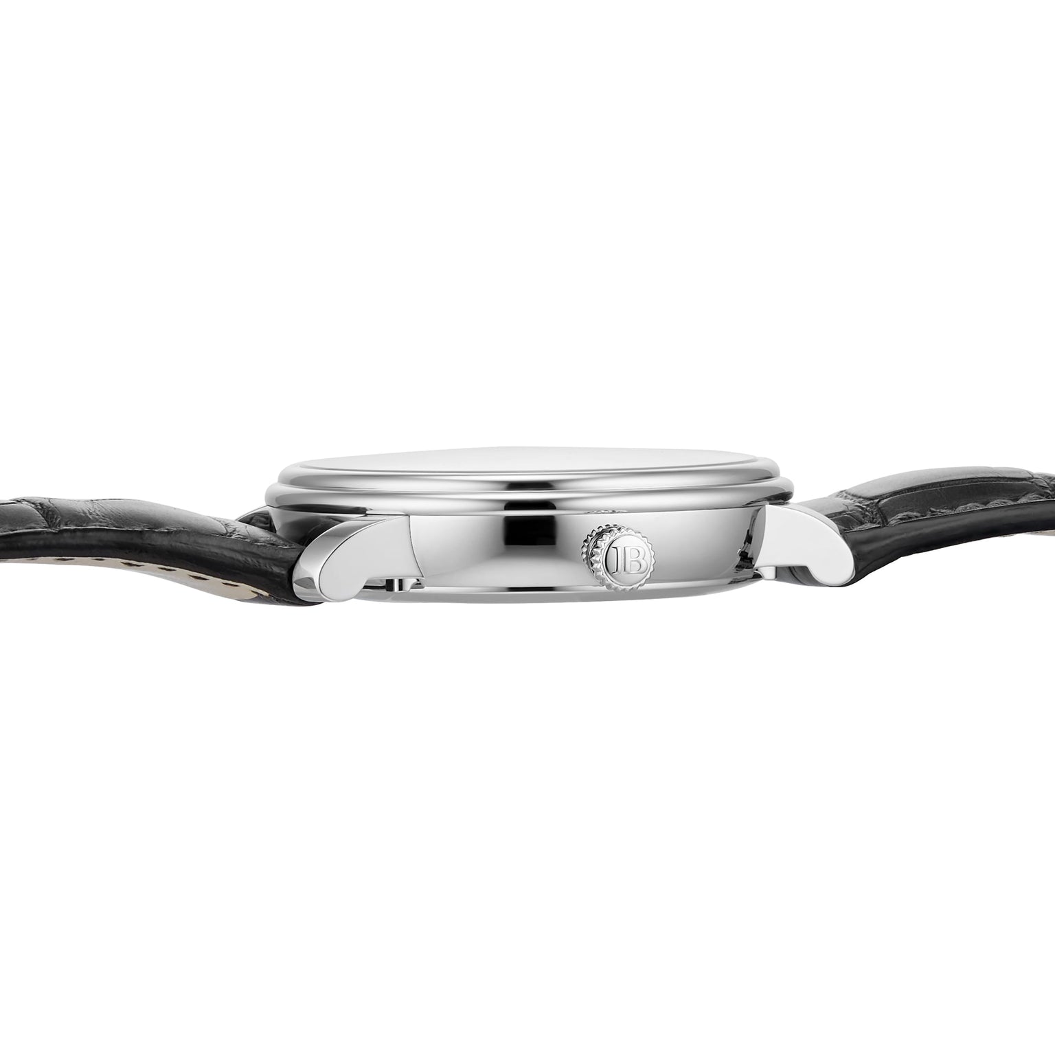 Side view of the Blancpain Villeret Quantième Complet, featuring a silver case, black leather strap, and round crown.