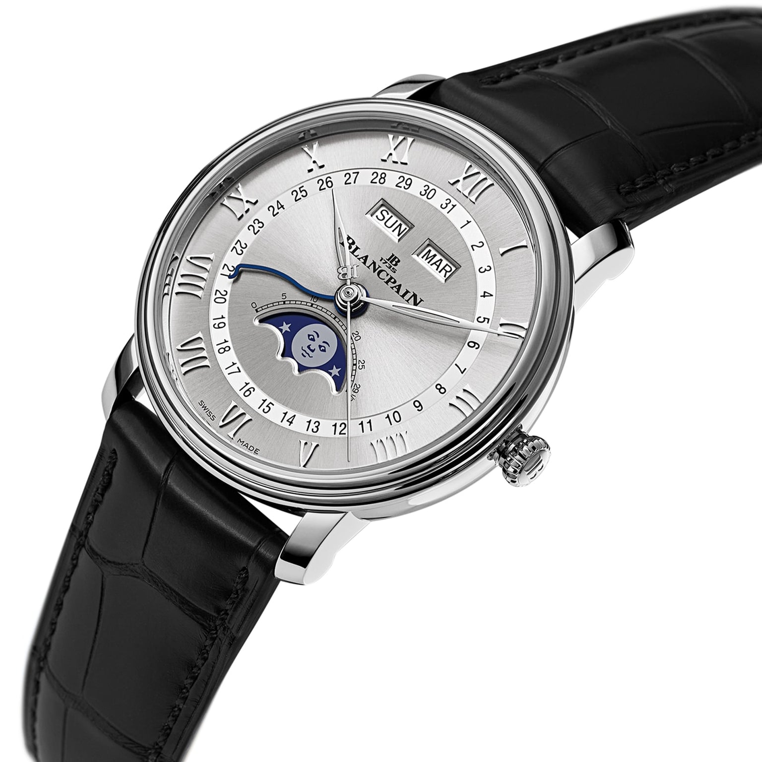 Blancpain Villeret Quantième Complet wristwatch with moon phase display, Roman numerals, and black leather strap shown at an angle.