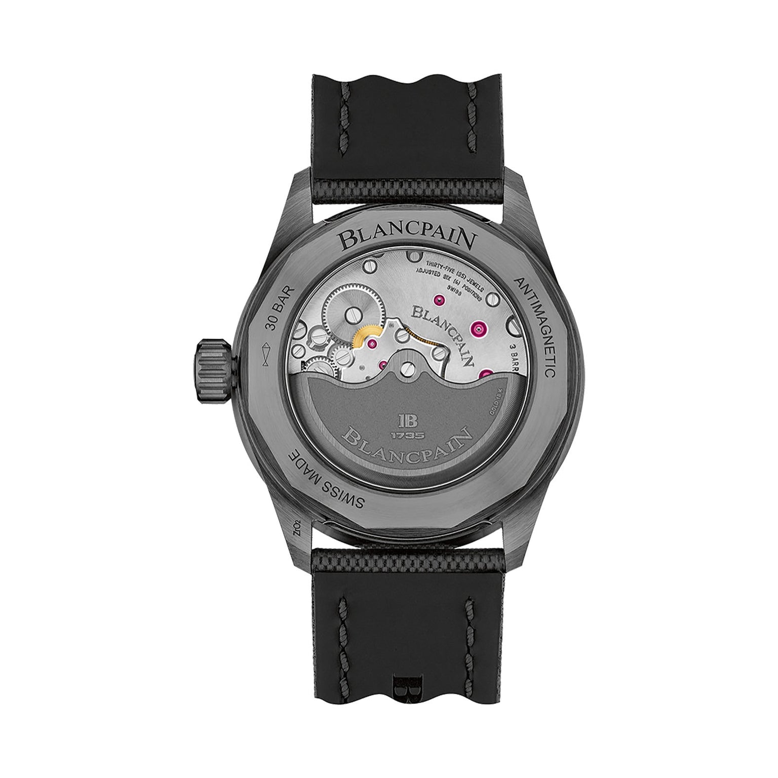 Back view of the Blancpain Fifty Fathoms Bathyscaphe, displaying its mechanical movement through a transparent caseback and featuring a black leather strap with visible stitching.