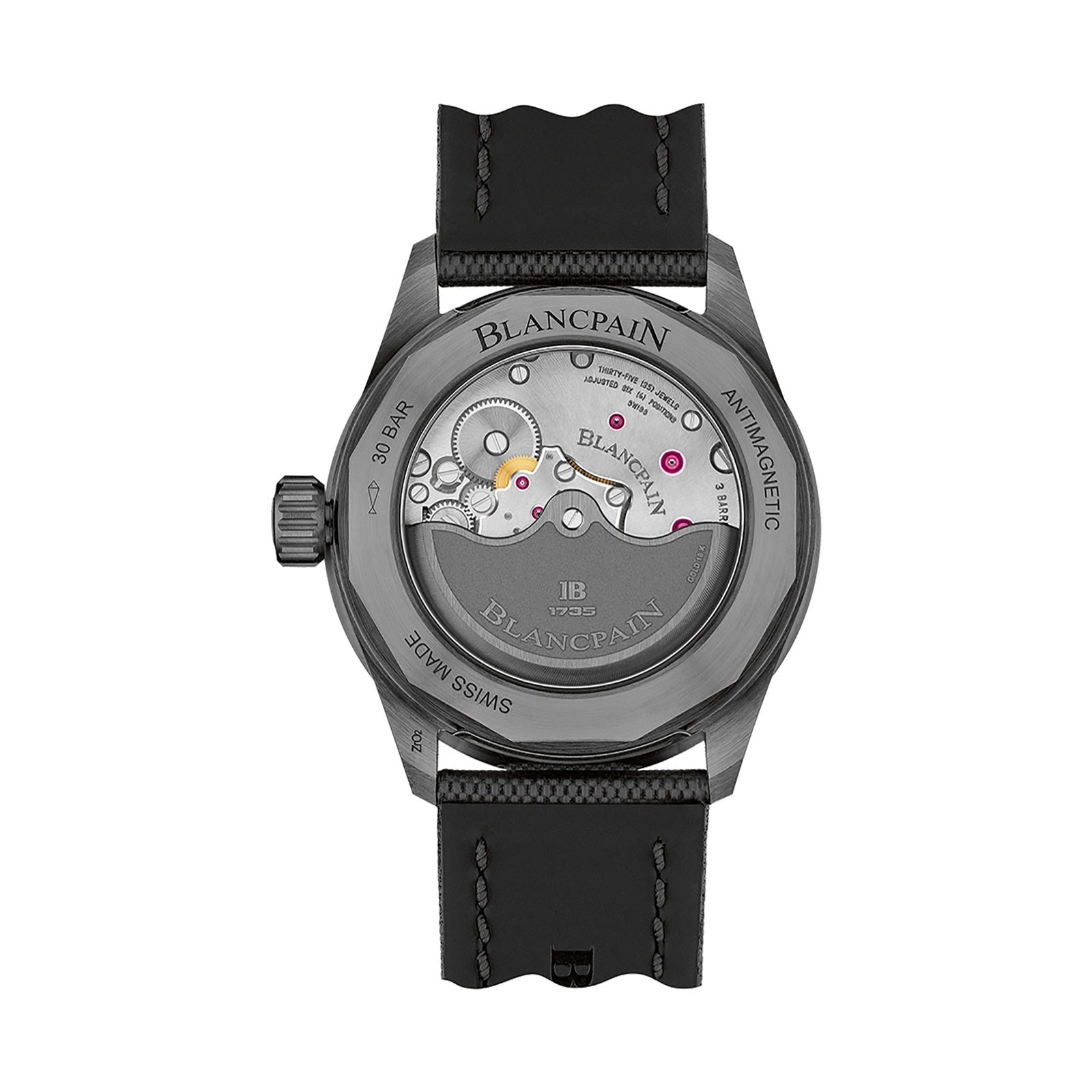 Back view of the Blancpain Fifty Fathoms Bathyscaphe, displaying its mechanical movement through a transparent caseback and featuring a black leather strap with visible stitching.