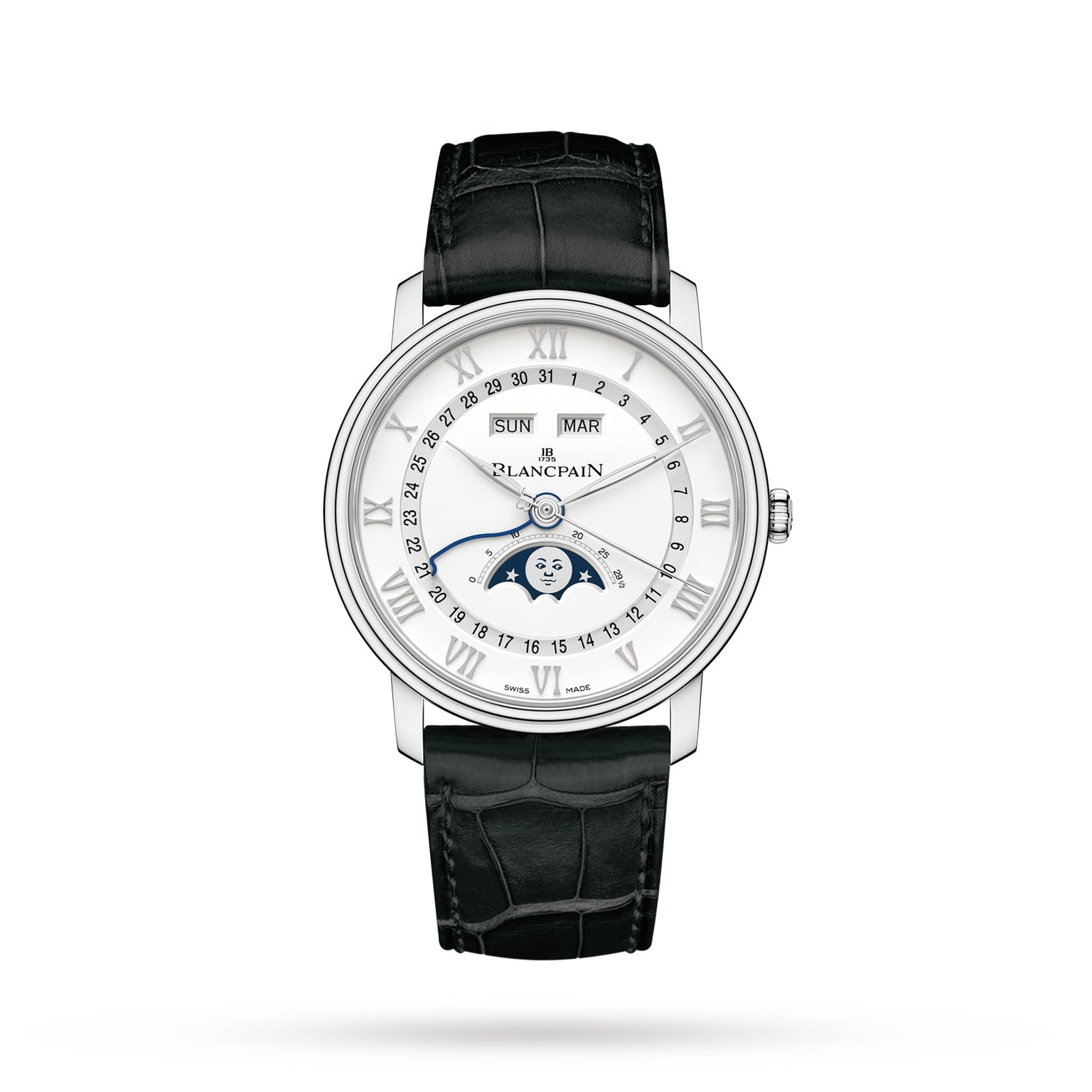 The Blancpain Villeret Quantième Complet features a white dial with Roman numerals, day and month windows, complete calendar with moon phase display, and a black leather strap.