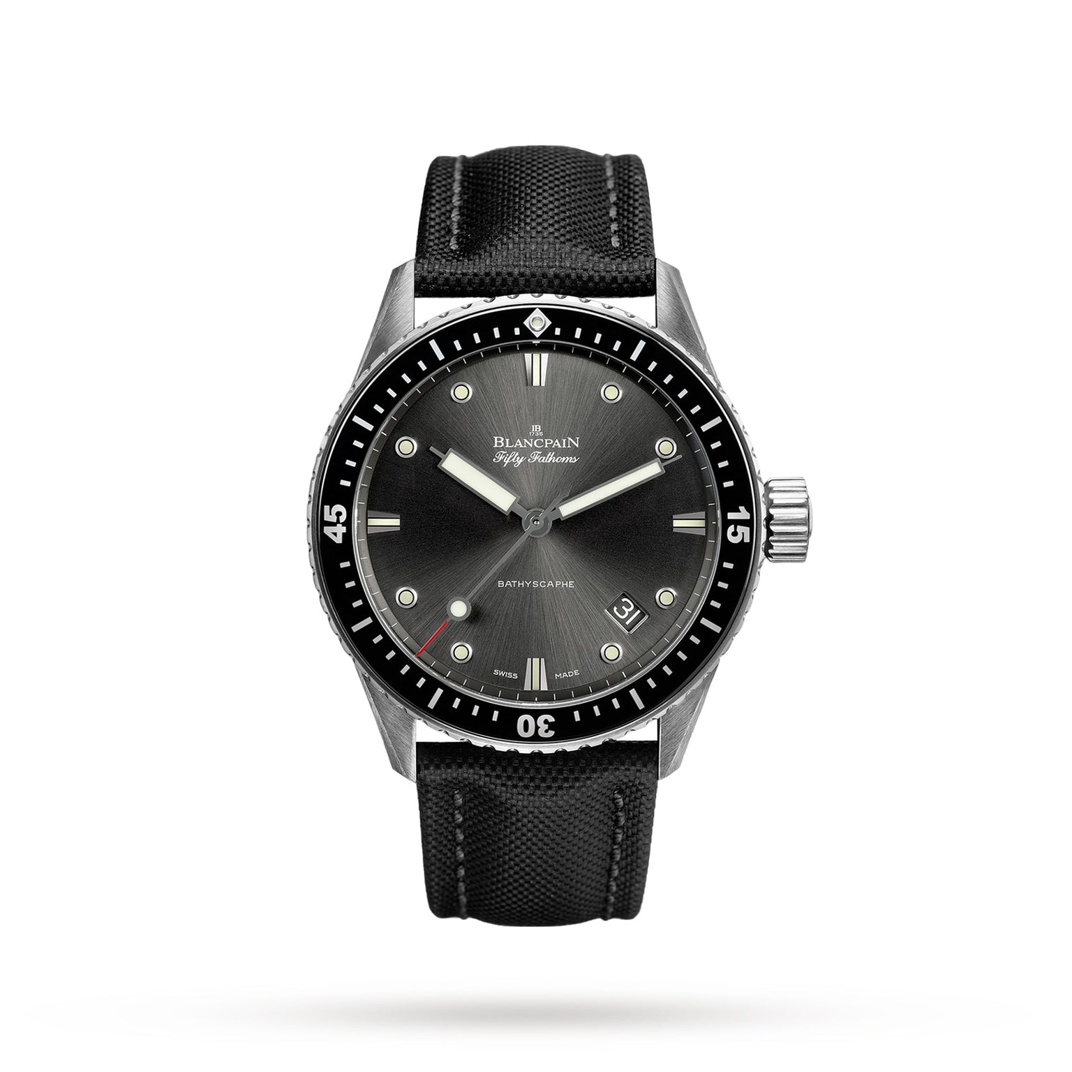 The Blancpain Fifty Fathoms Bathyscaphe is a black diver’s watch with a black bezel, dark dial, silver markers and hands, a black fabric strap, and an automatic 1315 calibre movement, shown on a white background.
