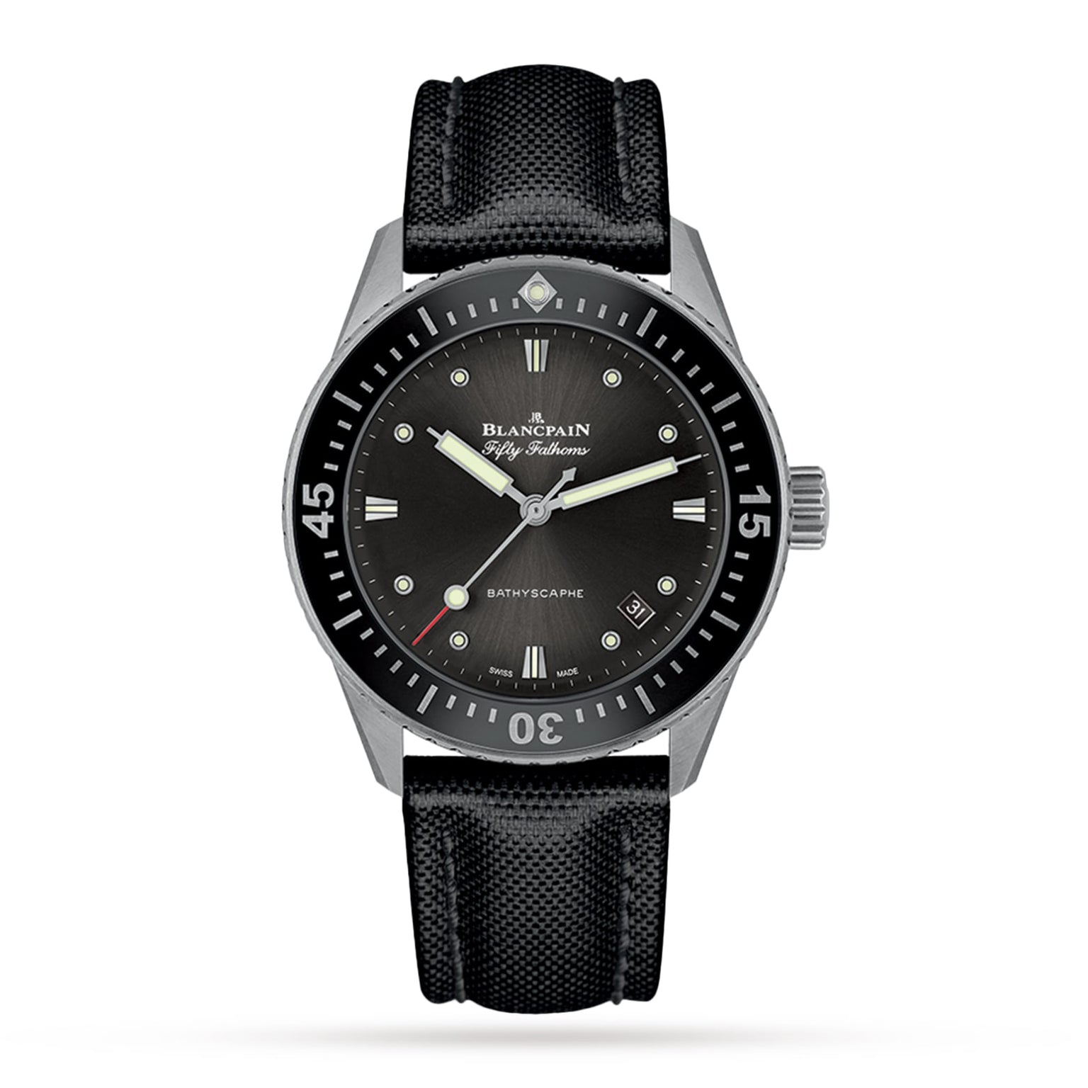 A Blancpain Fifty Fathoms Bathyscaphe watch featuring a black dial with white markers, date window, and black fabric strap is shown against a white background.
