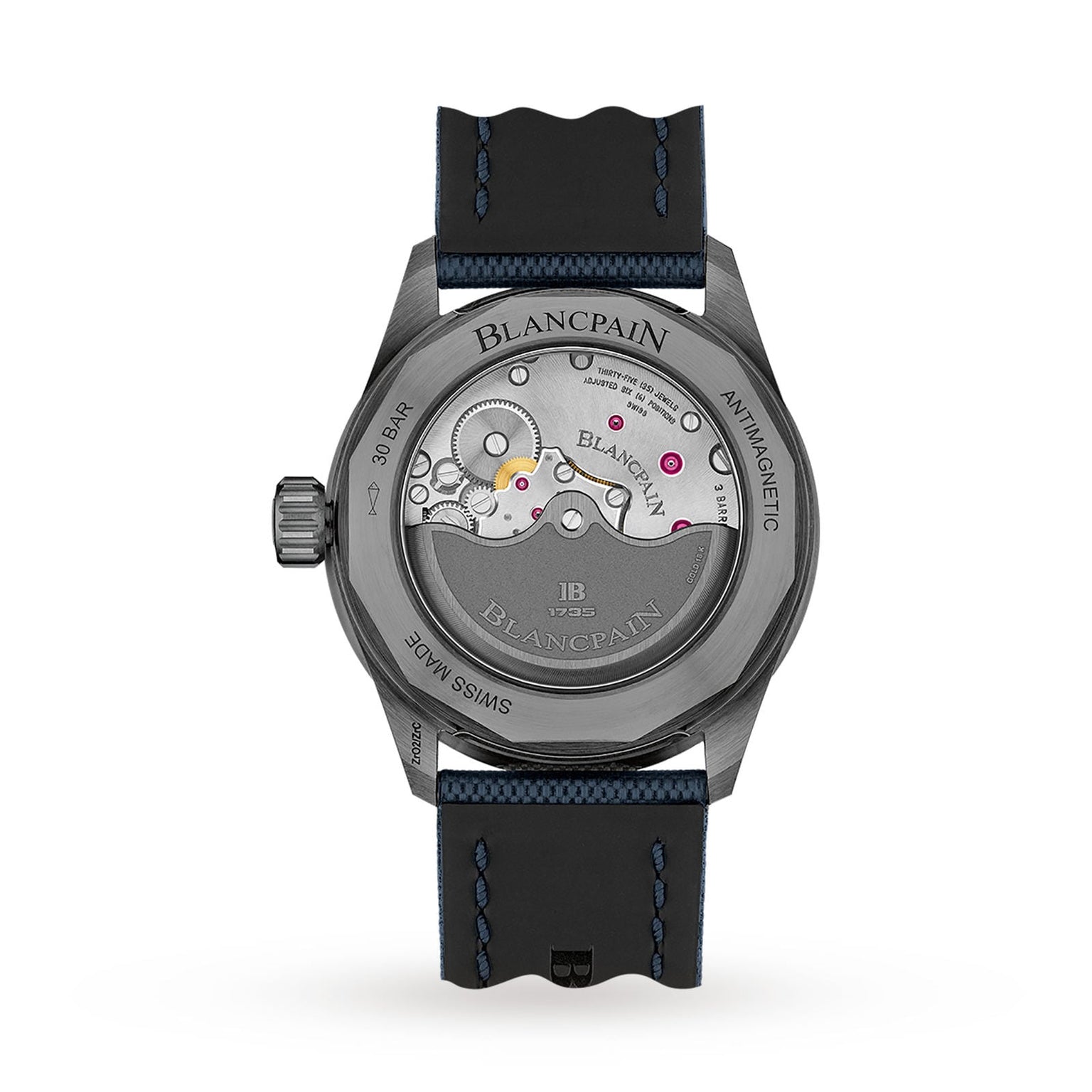 Back view of the Blancpain Fifty Fathoms Bathyscaphe showcasing its automatic movement through a sapphire caseback, ceramic case, black strap with blue stitching, and engraved technical details.