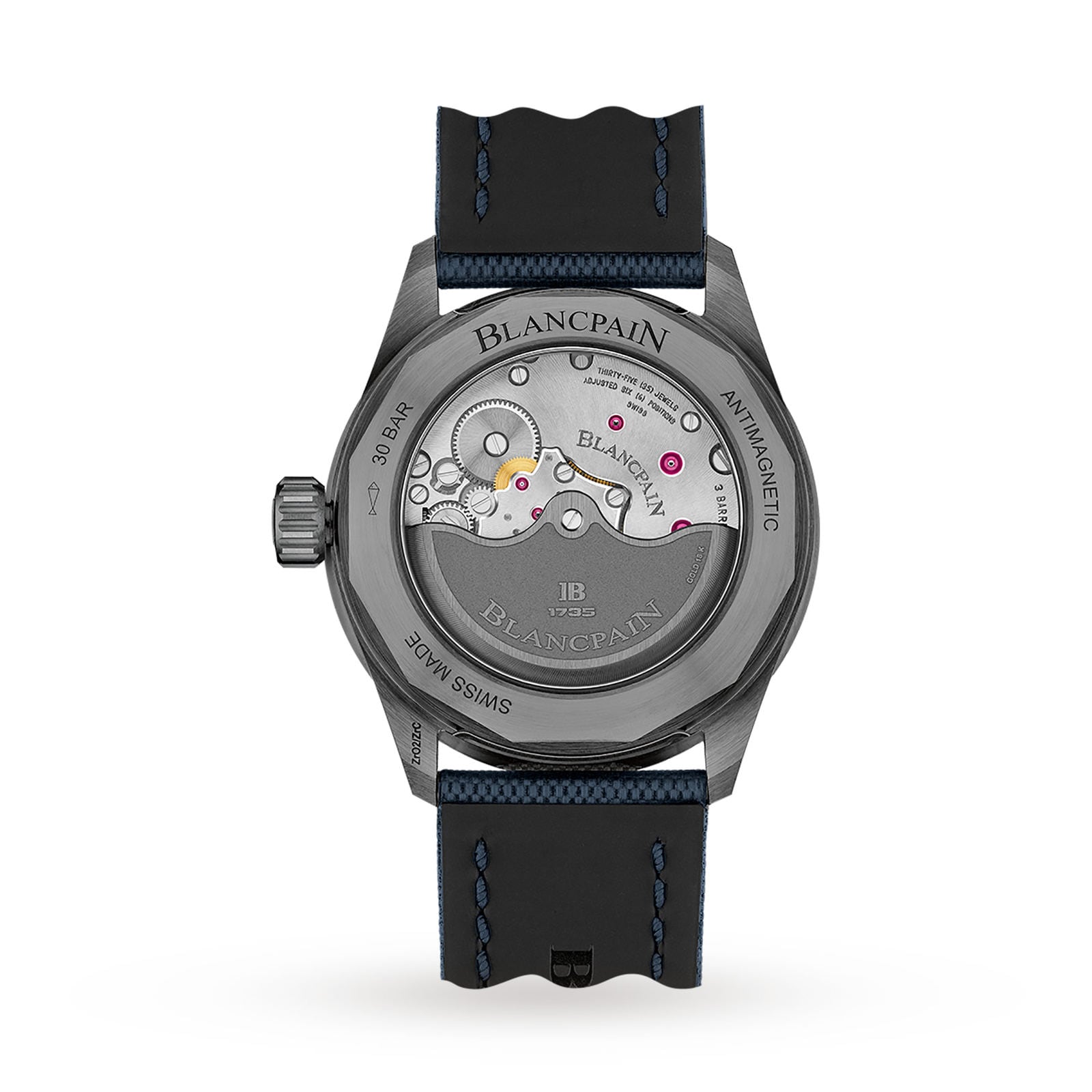 Back view of the Blancpain Fifty Fathoms Bathyscaphe showcasing its automatic movement through a sapphire caseback, ceramic case, black strap with blue stitching, and engraved technical details.