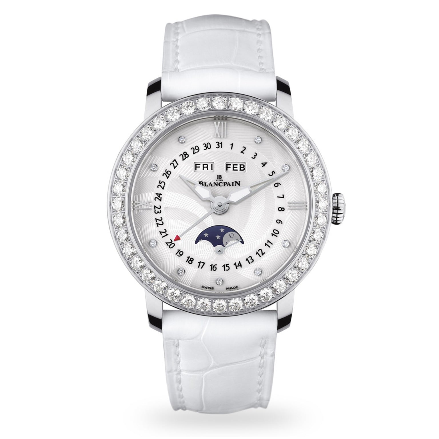 A Blancpain Villeret Quantième Complet wristwatch featuring a stainless steel case, diamond bezel, white strap, and silver dial with moonphase plus day, date, and month indicators.