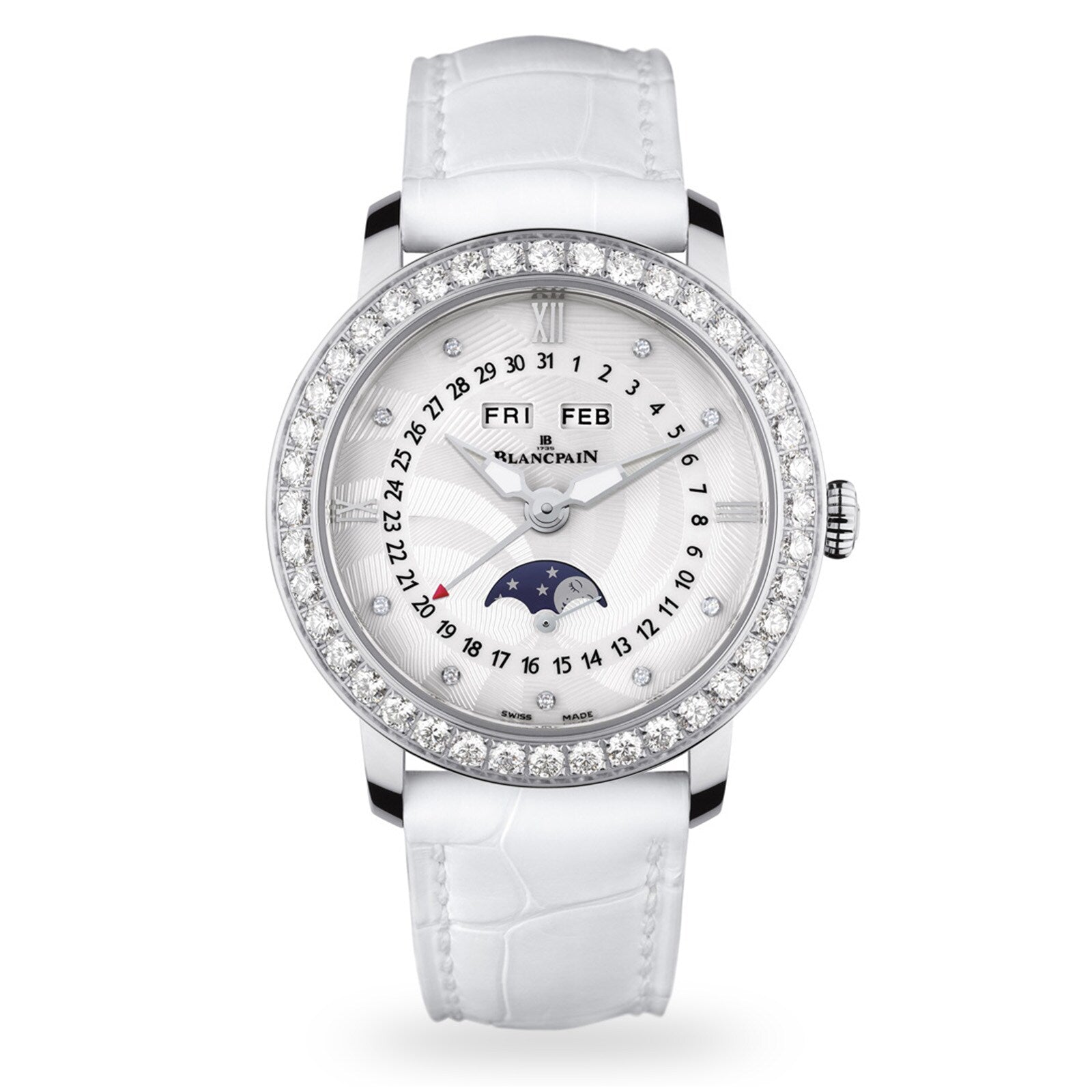 A Blancpain Villeret Quantième Complet wristwatch featuring a stainless steel case, diamond bezel, white strap, and silver dial with moonphase plus day, date, and month indicators.