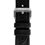 Close-up of a black fabric strap with white stitching and a metal clasp engraved with Blancpain, crafted for the Fifty Fathoms Bathyscaphe Quantième Complet Phases de Lune luxury watch.