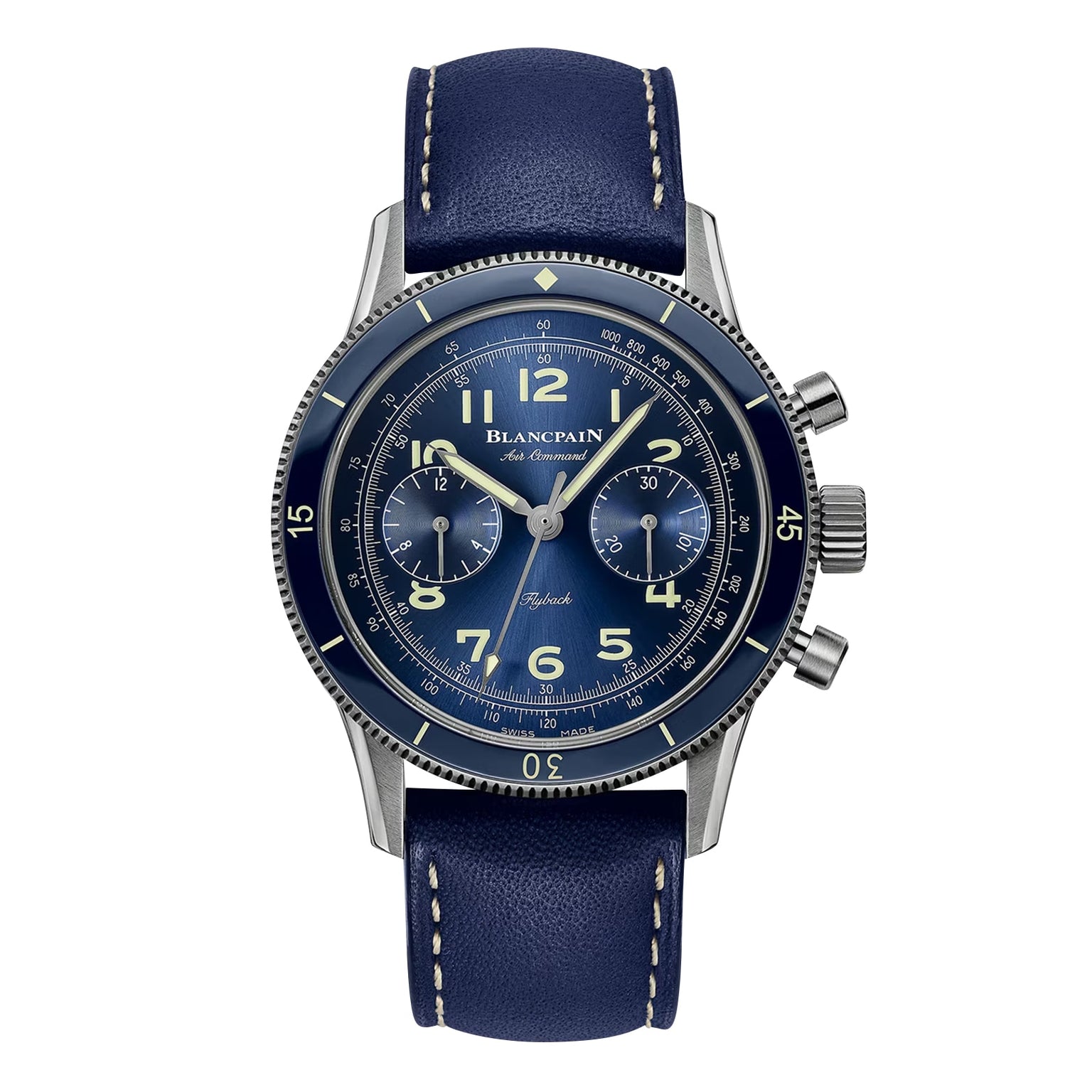 The Blancpain Air Command features a blue dial with vintage-inspired style, two subdials, white Arabic numerals, chronograph pushers, and a blue leather strap with white stitching.