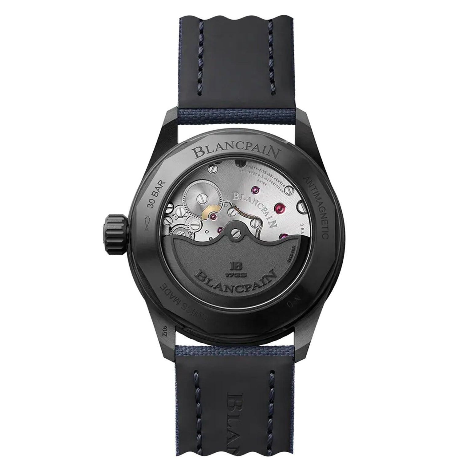 Back view of the Blancpain Fifty Fathoms Bathyscaphe showcasing its exposed mechanical movement and black strap.