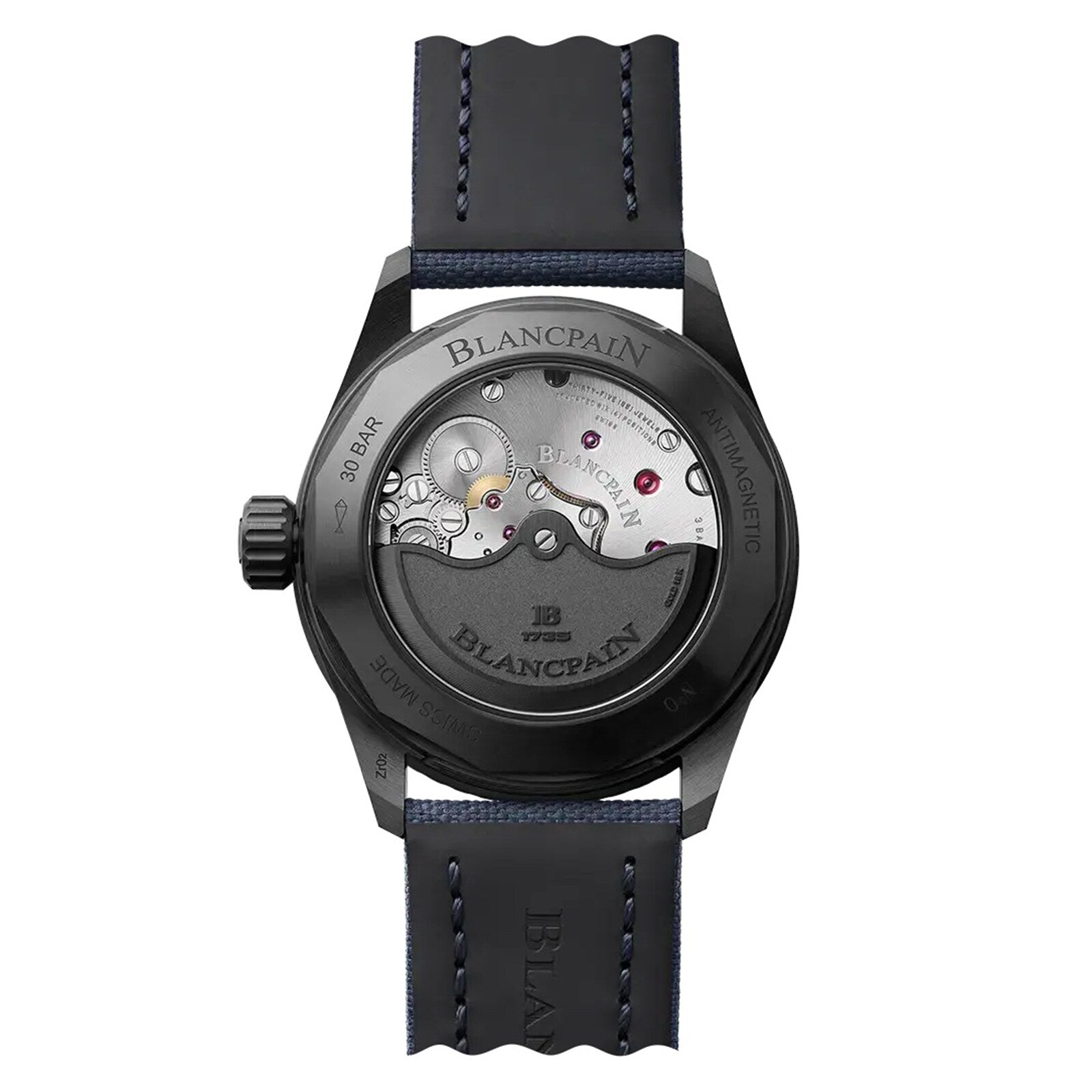 Back view of the Blancpain Fifty Fathoms Bathyscaphe showcasing its exposed mechanical movement and black strap.