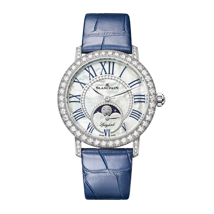 Blancpain women's watch with 35mm silver case, diamond bezel, white dial with blue Roman numerals, moon phase display, and bl