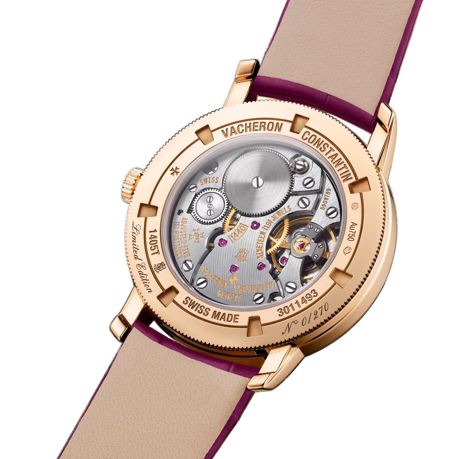 The back of the Vacheron Constantin Traditionnelle Manual-winding reveals its mechanical movement in an 18K pink gold case with fine engravings and a beige leather strap accented by striking purple edges.
