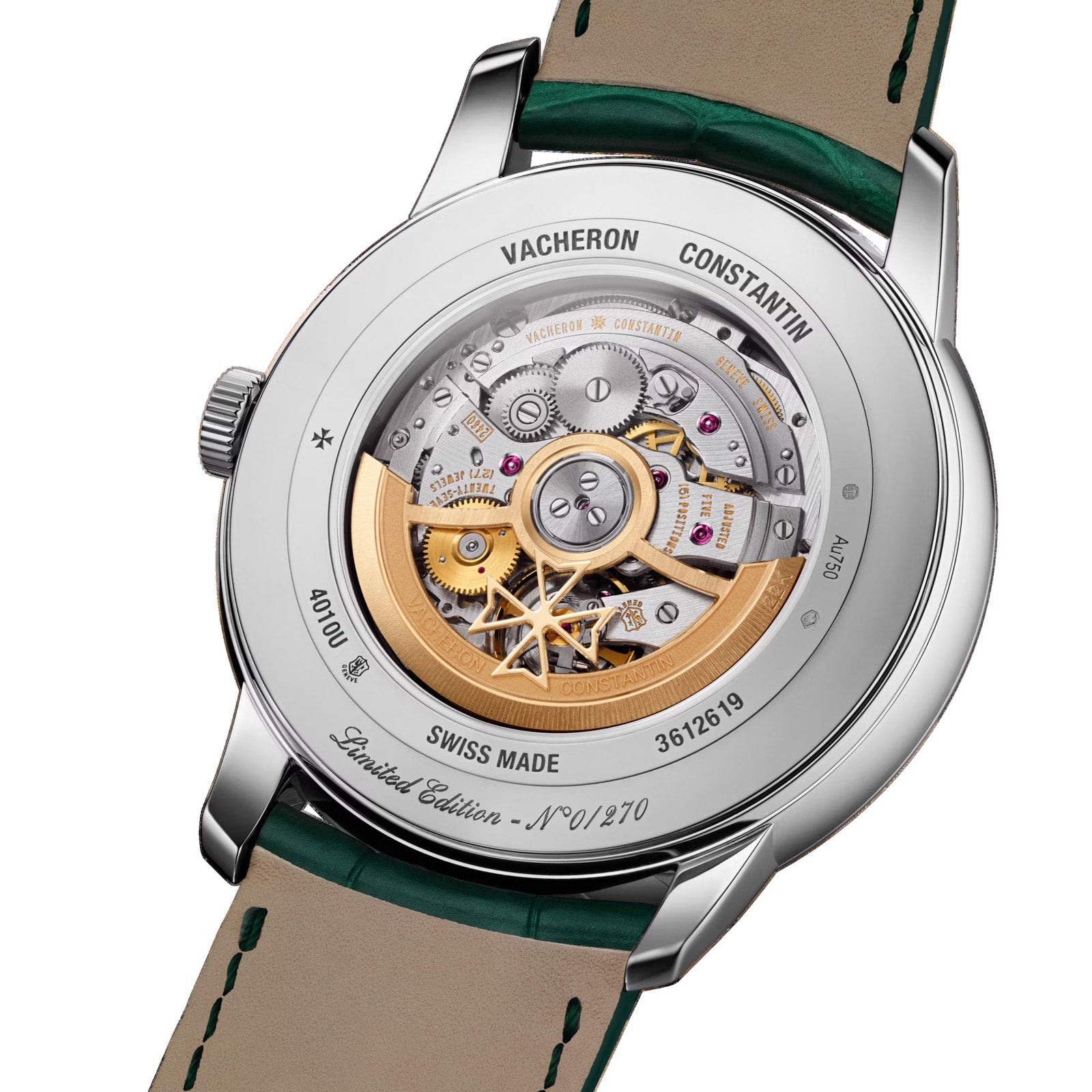 The Patrimony Moon Phase Retrograde Date by Vacheron Constantin displays an exposed mechanical movement, gold rotor, fine engravings, and a leather strap—an exquisite limited edition wristwatch.