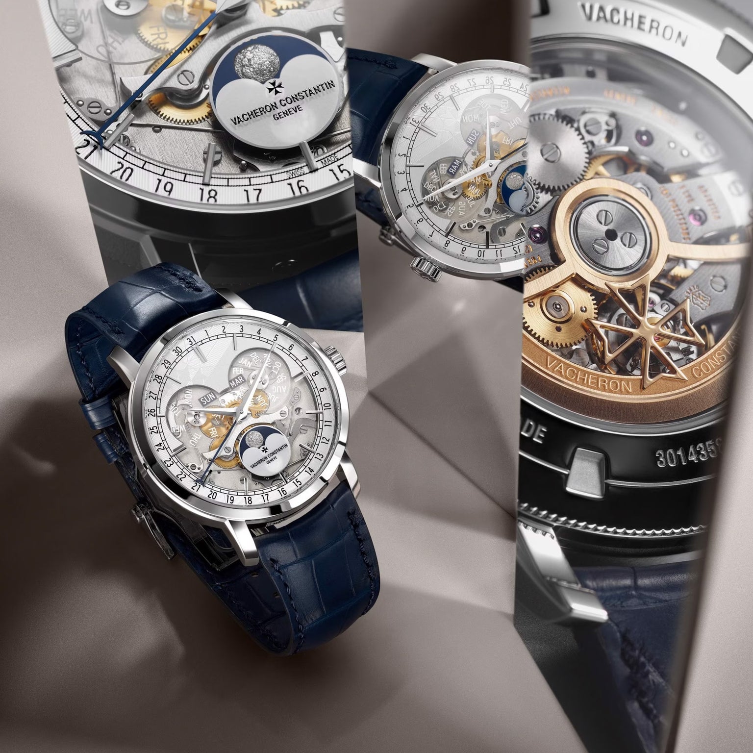 The Vacheron Constantin Traditionnelle Complete Calendar Openface is a luxury platinum watch with a blue leather strap, openwork dial showing gears, and close-ups highlighting its intricate mechanical movement and complete calendar craftsmanship.