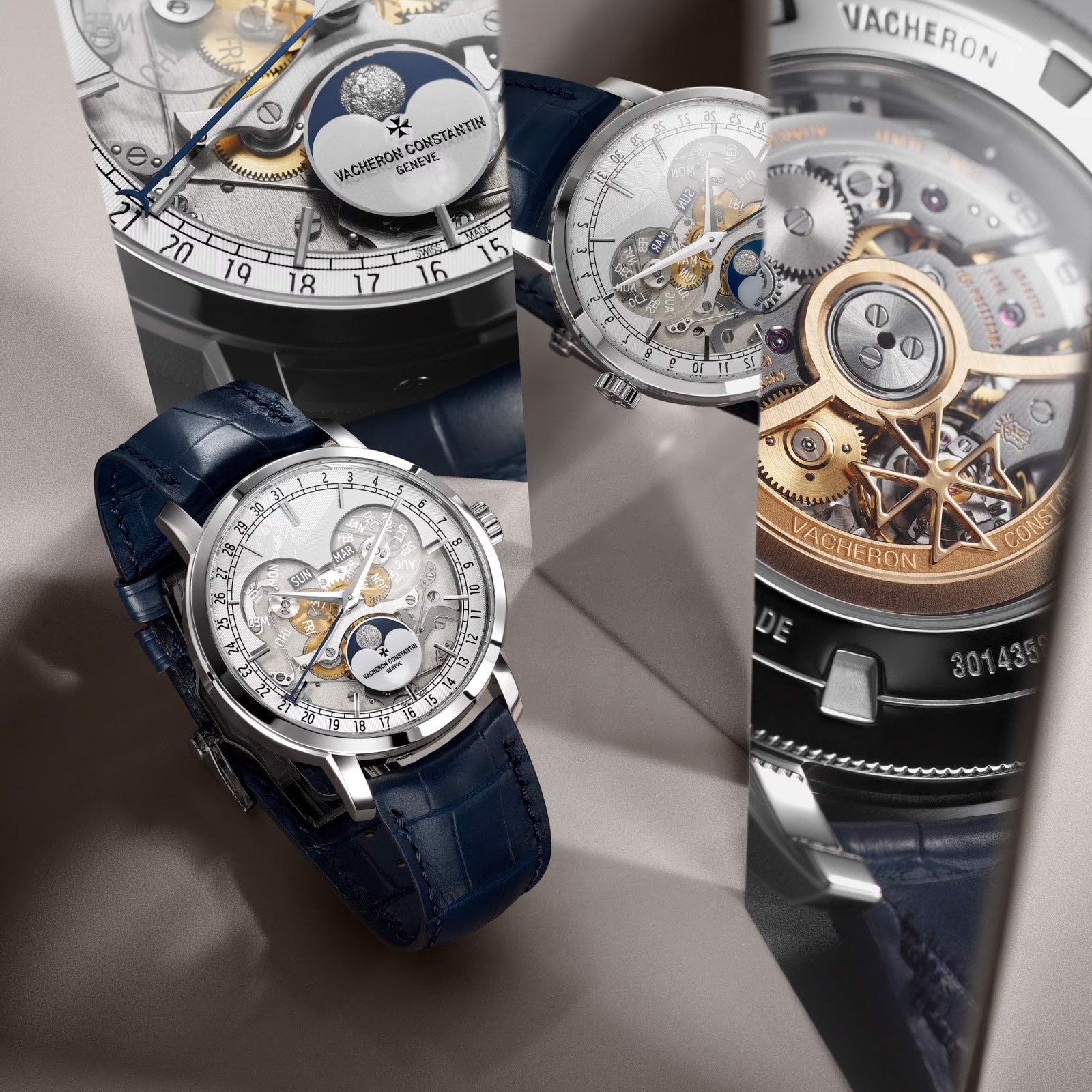 The Vacheron Constantin Traditionnelle Complete Calendar Openface is a luxury platinum watch with a blue leather strap, openwork dial showing gears, and close-ups highlighting its intricate mechanical movement and complete calendar craftsmanship.