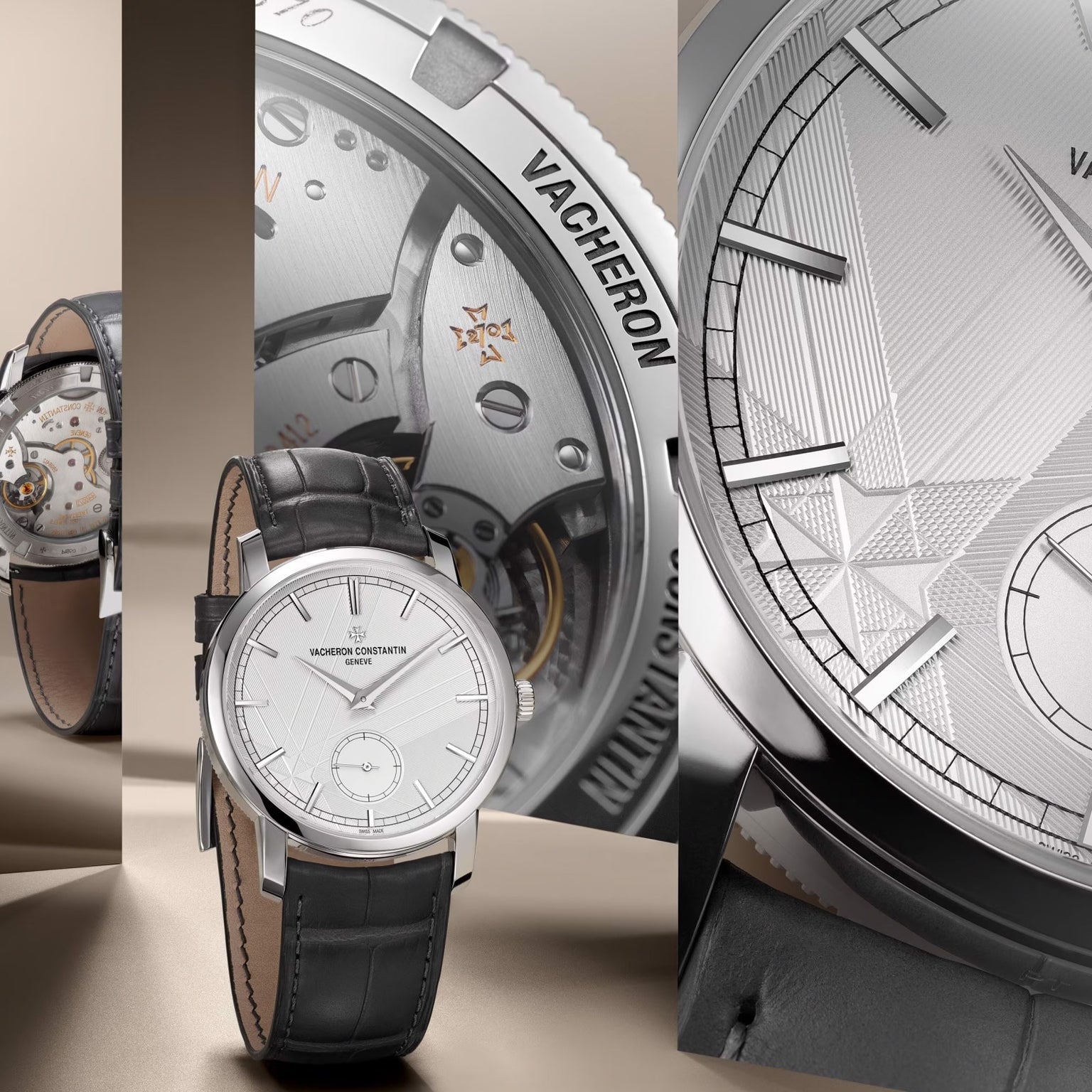 The Vacheron Constantin Traditionnelle Manual-Winding is a luxury limited edition wristwatch with a platinum case, silver dial, black leather strap, and visible mechanical movement shown in close-up detail.