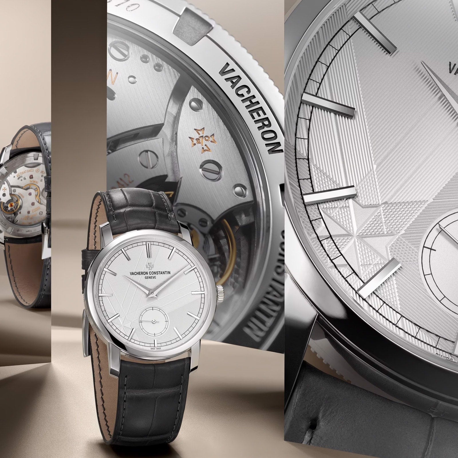The Vacheron Constantin Traditionnelle Manual-Winding is a luxury limited edition wristwatch with a platinum case, silver dial, black leather strap, and visible mechanical movement shown in close-up detail.