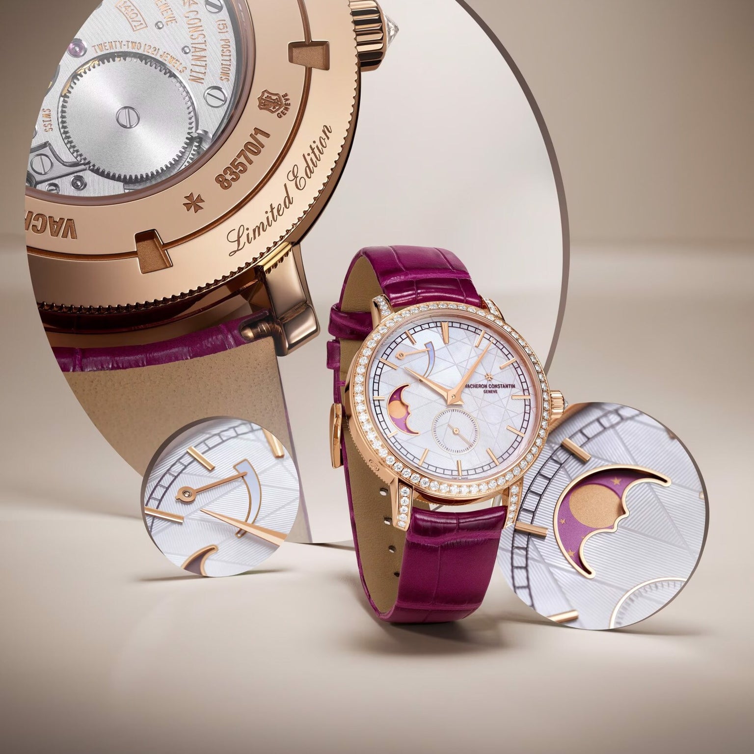 The Vacheron Constantin Traditionnelle Moon Phase wristwatch, featuring a purple leather strap and pink gold case, is shown with its limited edition caseback reflected in a mirror and magnified moon phase details on the decorative dial.