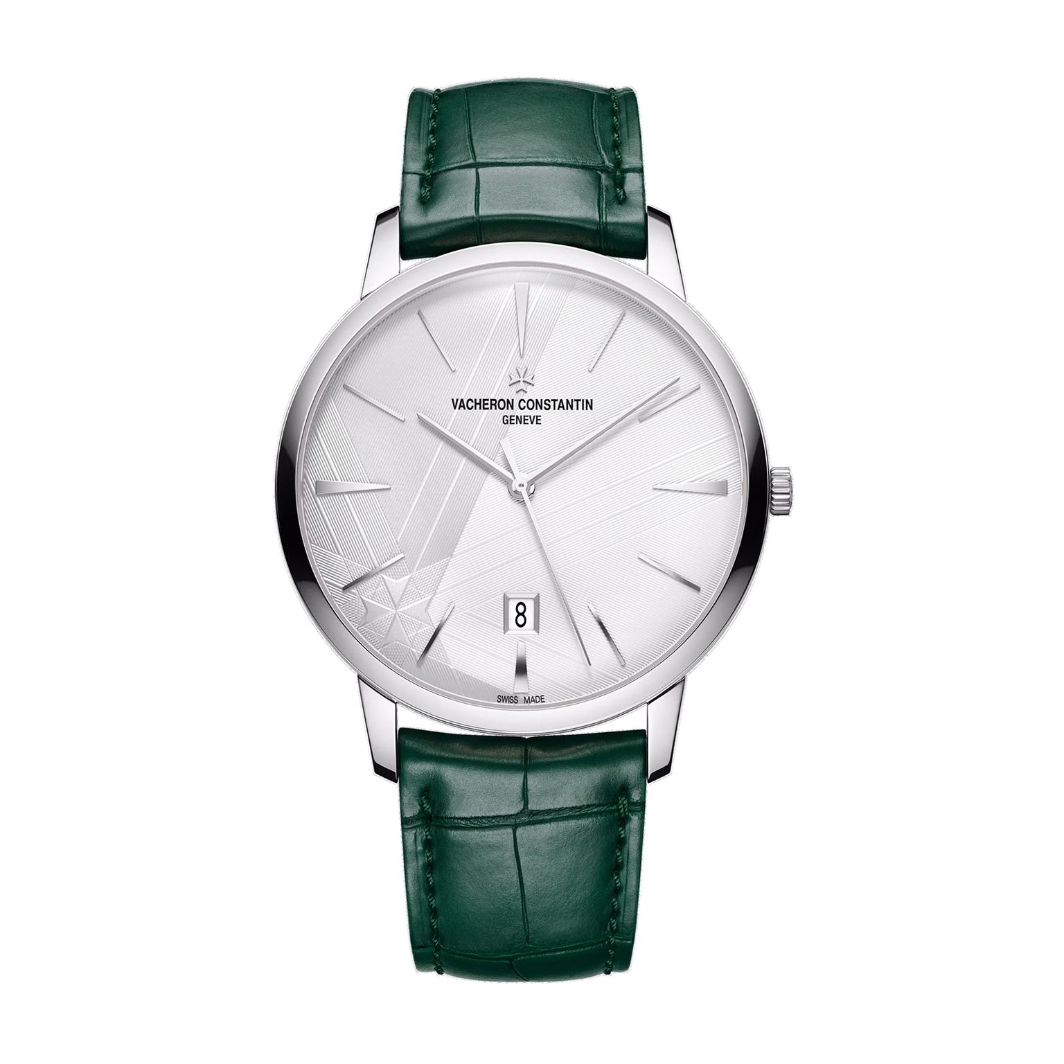 The Vacheron Constantin Patrimony Self-Winding limited edition wristwatch in 18K white gold features a white patterned dial, date window, and green leather strap, shown on a white background.