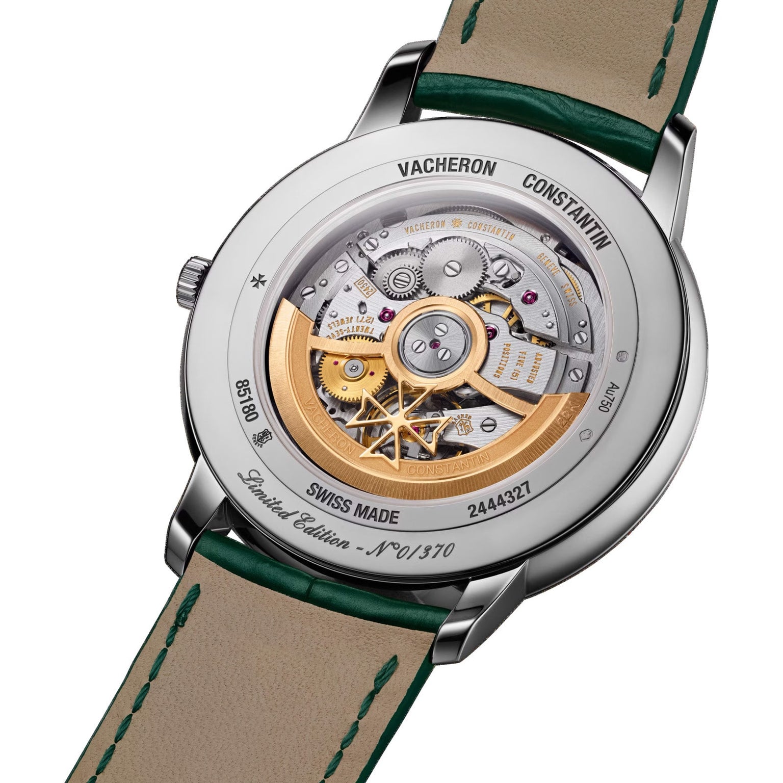 The caseback of the Vacheron Constantin Patrimony Self-Winding showcases its intricate mechanical movement, engraved details, and a green-accented leather strap.