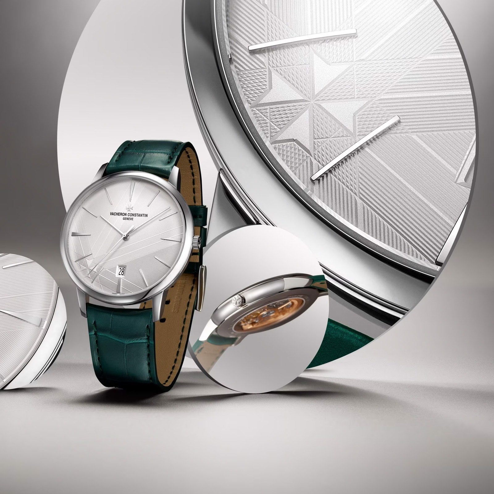 The Vacheron Constantin Patrimony Self-Winding is showcased with a green leather strap, close-ups of its textured dial, Geneva Seal, and unique side profile emphasize its refined design and craftsmanship.