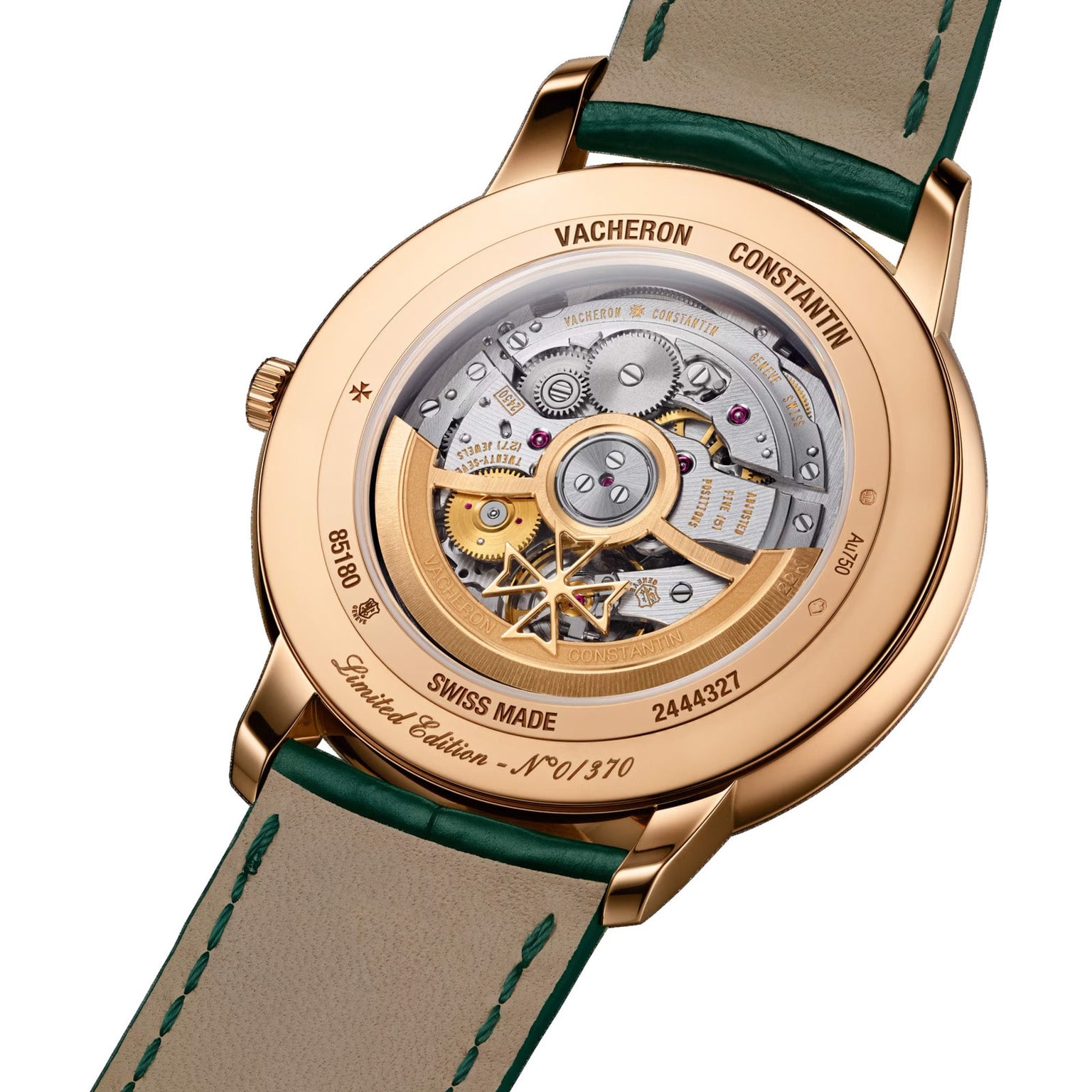 Back view of the limited edition Vacheron Constantin Patrimony Self-Winding in 18K pink gold, showing its mechanical movement, Geneva Seal, green leather strap, and engraved case number.
