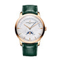 The Vacheron Constantin Patrimony Moon Phase Retrograde Date is a limited edition gold wristwatch with a white dial, green leather strap, retrograde date display, and moon phase on the lower half of the face.