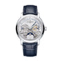 The Vacheron Constantin Traditionnelle Perpetual Calendar Retrograde Date Openface is a luxury platinum watch with a blue leather strap, silver case, open gears, and multiple dials for date, day, month, and moon phase—ideal for collectors.