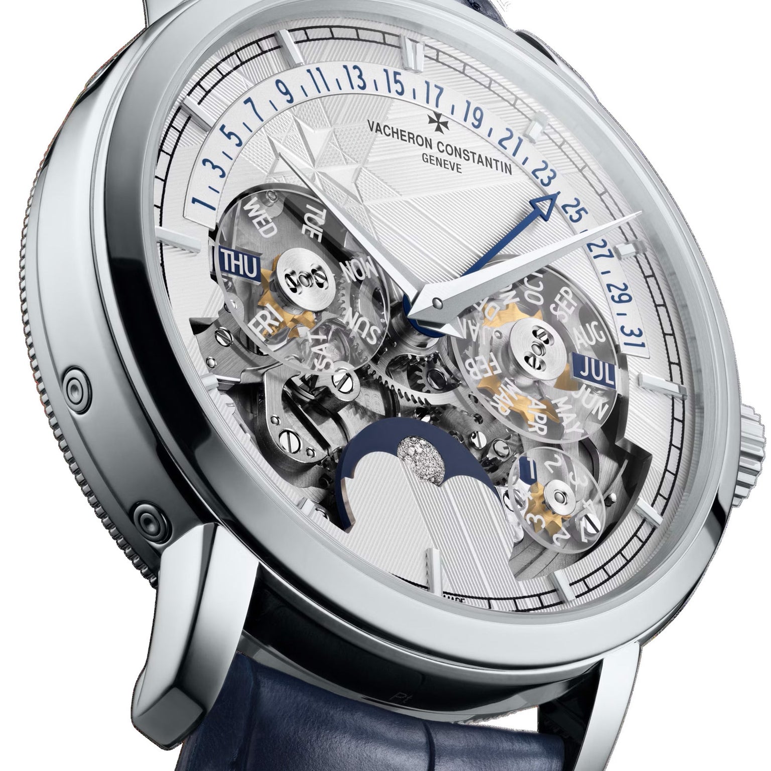 Close-up of a Vacheron Constantin Traditionnelle Perpetual Calendar Retrograde Date Openface watch, featuring a transparent dial that reveals intricate gears, multiple date and day indicators, and a blue strap.