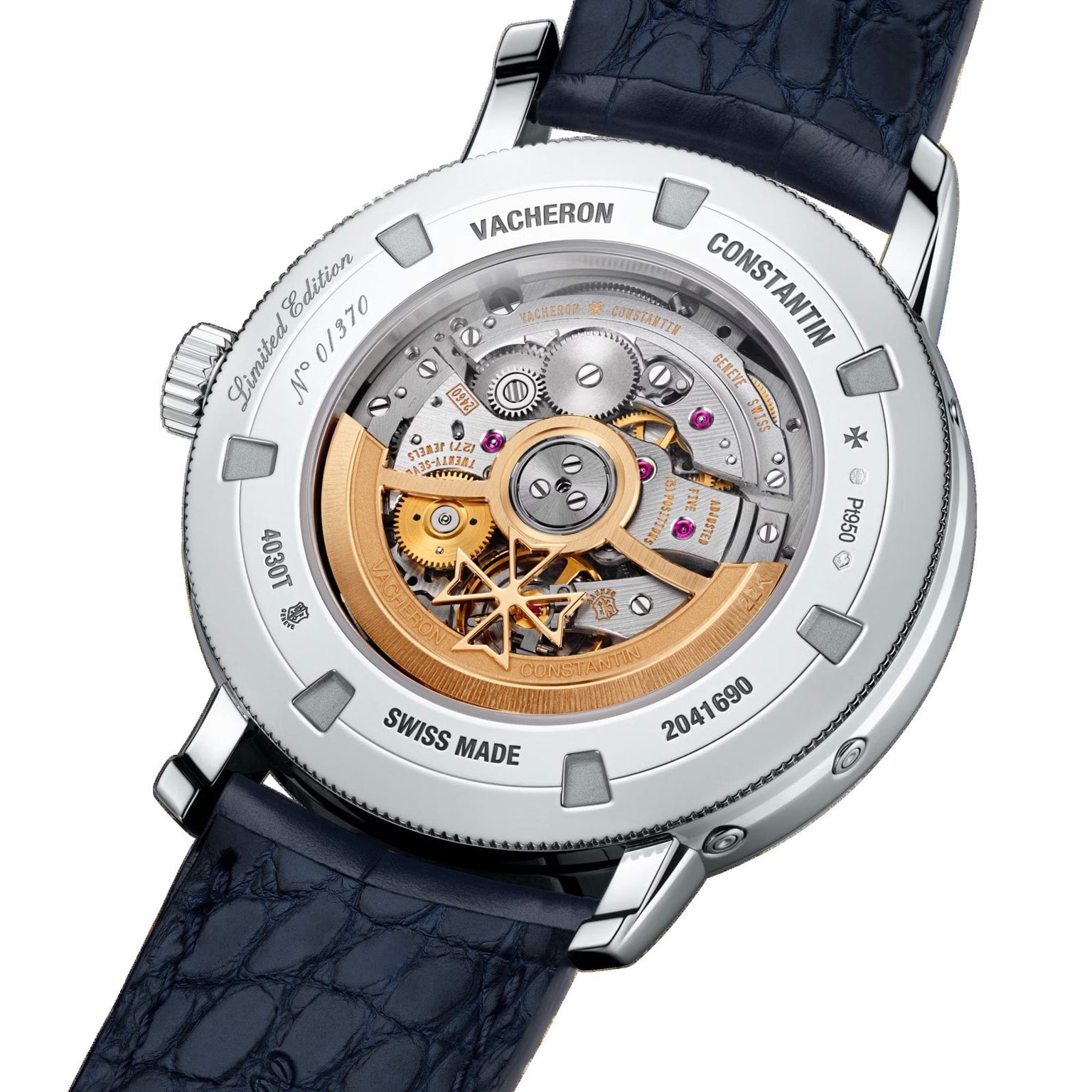 Close-up of the Vacheron Constantin Traditionnelle Perpetual Calendar Retrograde Date Openface, showing its exposed self-winding movement and finely engraved markings on the platinum case.