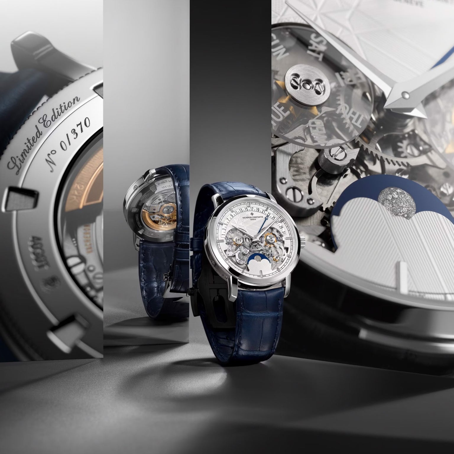 A close-up showcases the Vacheron Constantin Traditionnelle Perpetual Calendar Retrograde Date Openface, highlighting its platinum case, blue leather strap, intricate self-winding movement, and engraved limited edition number.