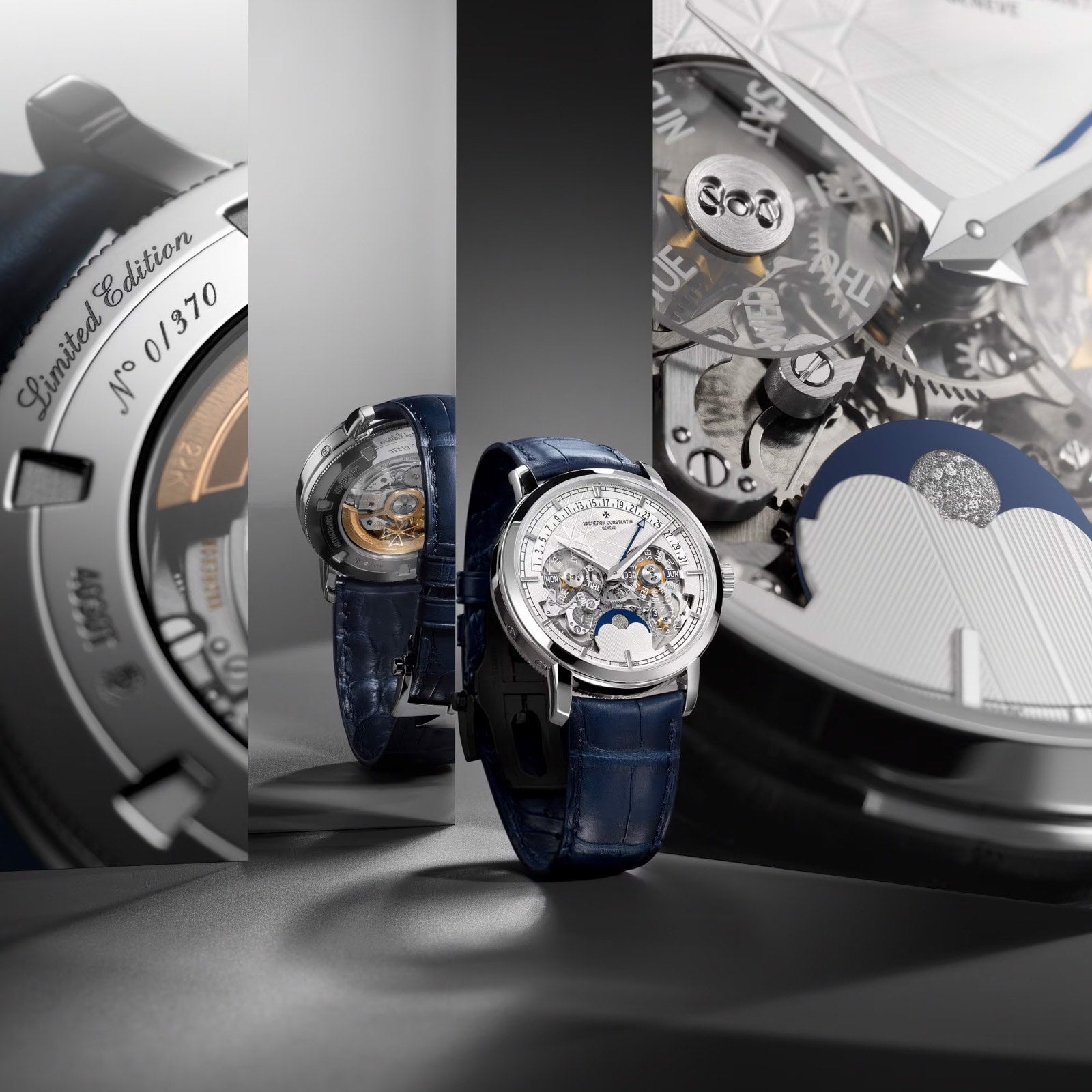 A close-up showcases the Vacheron Constantin Traditionnelle Perpetual Calendar Retrograde Date Openface, highlighting its platinum case, blue leather strap, intricate self-winding movement, and engraved limited edition number.
