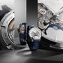 A close-up showcases the Vacheron Constantin Traditionnelle Perpetual Calendar Retrograde Date Openface, highlighting its platinum case, blue leather strap, intricate self-winding movement, and engraved limited edition number.