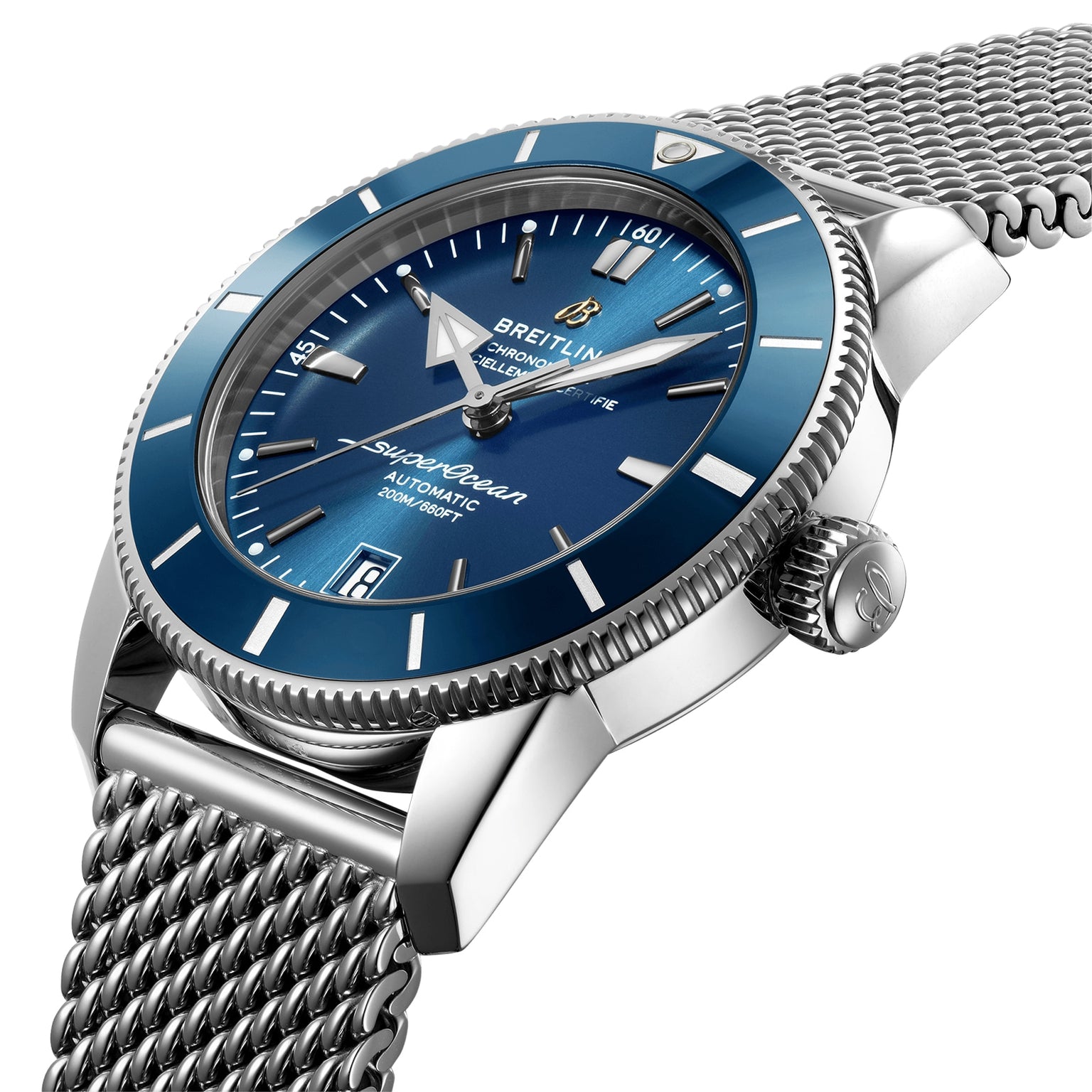A close-up of the Breitling Superocean Heritage B20 Automatic 42, featuring a blue dial, gun blue ceramic bezel, silver hour markers, and a stainless steel mesh bracelet.