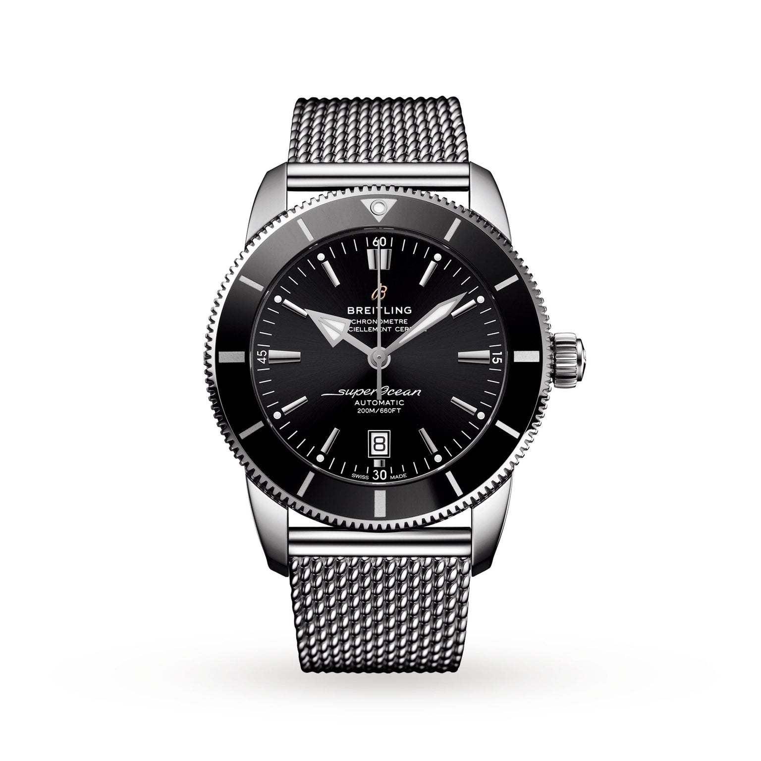 The Breitling Superocean Heritage B20 Automatic 46 features a 46mm stainless steel case, black dial with silver hour markers, date display, and a stainless steel mesh bracelet, shown on a white background.